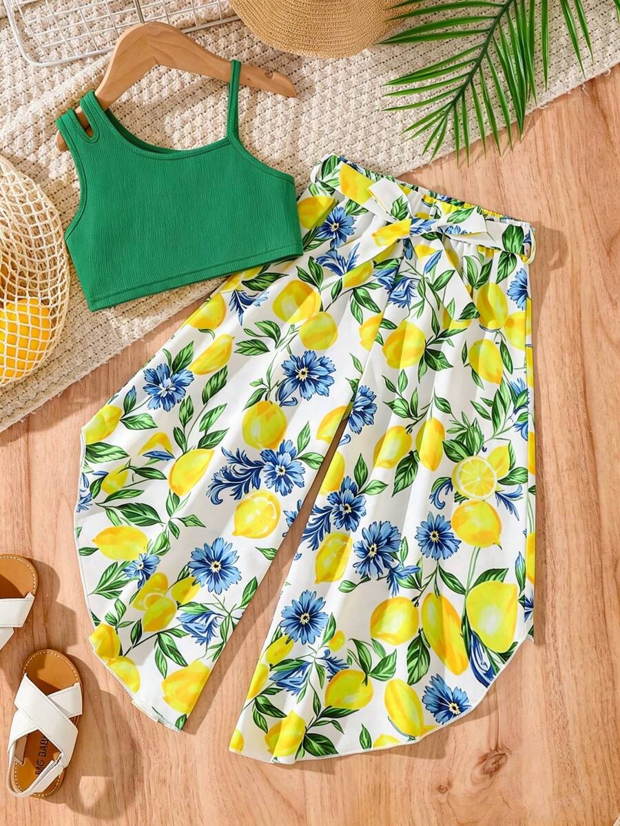 SHEIN 少女夏季休閒純色短版背心 & 檸檬印花長褲 2件組