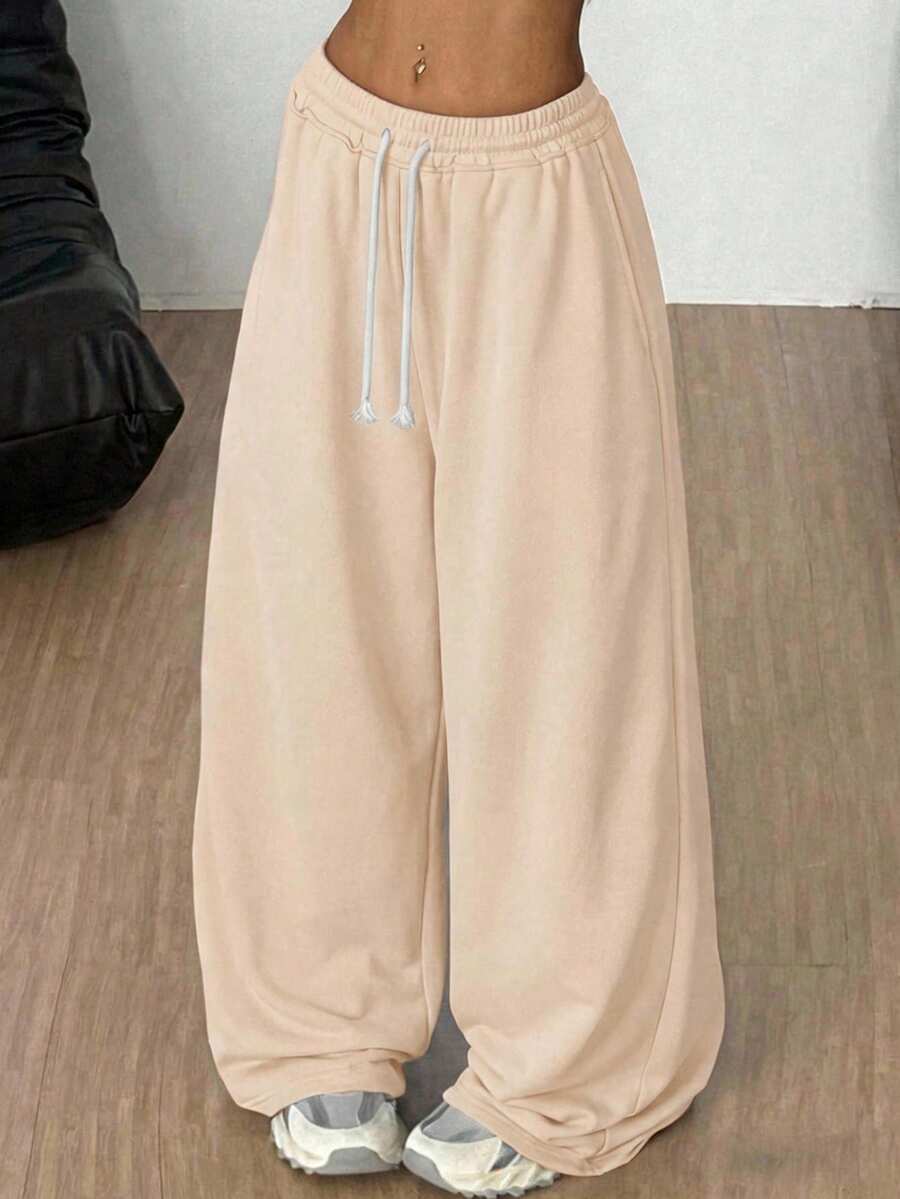 SHEIN 青少年女孩寬鬆休閒極簡舒適中腰對比色抽繩運動長褲 秋冬款 - 杏色 - 查看 1