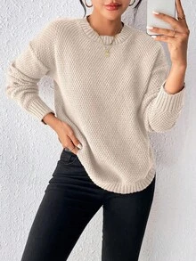SHEIN Raffinéa 女款素色圓領落肩長袖休閒套頭毛衣 - 杏色 - 查看 6