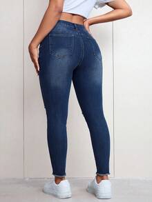 SHEIN Unity Plus Size Women's Distressed Street Style Kawaii Casual Formal Skinny Leg Jeans Back-To-School Graduation Navy Blue Summer Club - Dark Wash - View 2