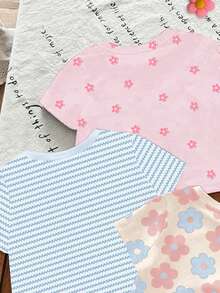 SHEIN LMoss Kids 3件組可愛花卉藍色蝴蝶夏季女童服裝套裝，圓領短袖T恤，藍色條紋，粉色休閒童裝 - 彩色 - 查看 5