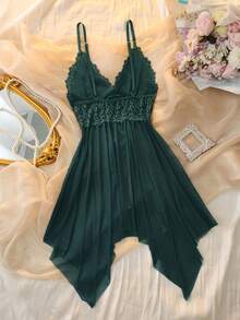 DelicateAllure Women's Contrast Lace Mesh Sexy Camisole Nightgown - Green - View 2