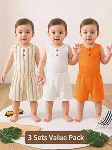 SHEIN Vintaside Kids 6件/套男嬰夏季簡約純色套裝，包含無袖背心上衣與配套短褲，咖啡色、杏色與藍色，寬鬆版型適用於休閒、戶外、派對場合 - 橘色 - 查看 4