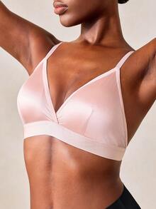 Veilyse 3pcs Women's Summer French Triangle Cup Silk Wireless Bra, Removable Pads, Adjustable Straps, Solid Color Deep V Everyday Underwear - Multicolor - View 8