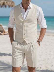 VENTUSAIL Men's Beach Wedding Linen Suit, Light Beige, Summer - Apricot - View 1
