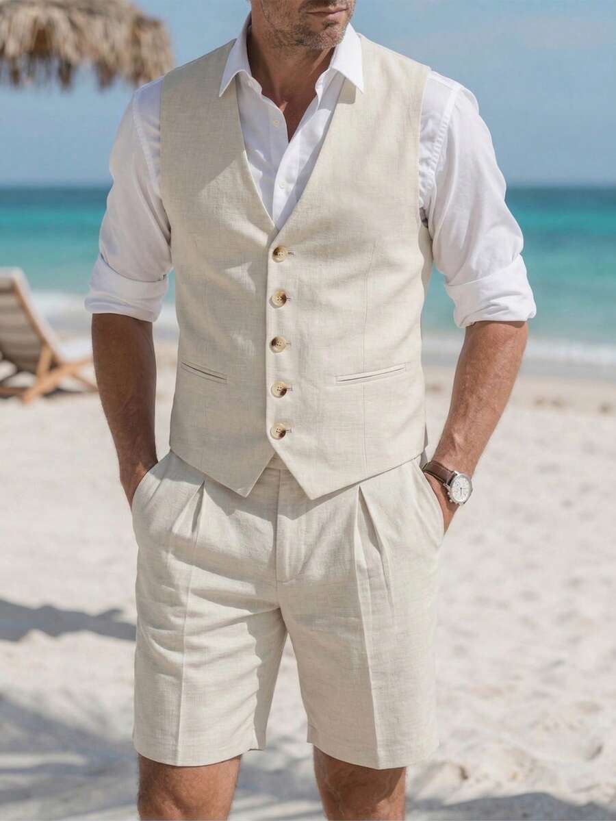 VENTUSAIL Men's Beach Wedding Linen Suit, Light Beige, Summer - Apricot - View 1