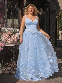 Glamrae Große Größen hellblaues Abendkleid mit Herzausschnitt, Satin-Patchwork und 3D Blumen, romantischer Ballkleid-Stil - Babyblau - Übersicht 4