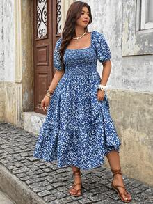 Breezaya Plus Size Women's Square Neck Casual Resort Summer Dress - Blue - View 6