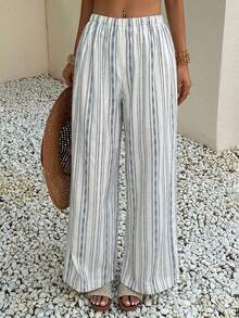Livesso Women's Blue And White Stripe Colorblock Long Pants Swimwear Bottoms Suitable For Summer Vacation Beach Vacation Casual Jamican - Blue - View 1