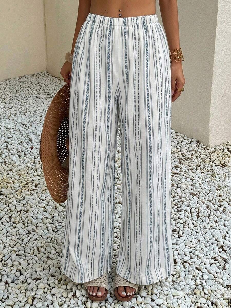 Livesso Women's Blue And White Stripe Colorblock Long Pants Swimwear Bottoms Suitable For Summer Vacation Beach Vacation Casual Jamican - Blue - View 1