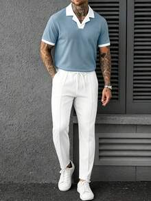 Manfinity CasualCool 男士拼色短袖 Polo 衫與長褲套裝 - 霧霾藍 - 查看 3
