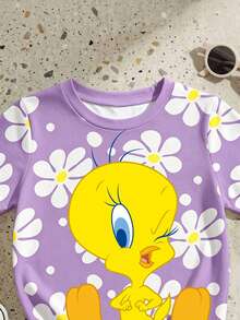 LOONEY TUNES X SHEIN GraphicGems 1件少女休閒可愛卡通崔弟鳥與花卉印花圓領短袖T恤，SS26新時尚，夏季 - 彩色 - 查看 3