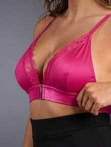 EmpressEnvy Front Closure, Lifting, Lace Trim, Comfortable Lace Patchwork Padded Bra & Wireless Bra, Plus Size - Hot Pink - View 5