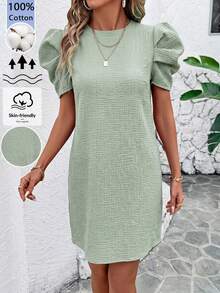 SHEIN Clasi 女士纯色圆领短花瓣袖休闲迷你连衣裙 - 綠色 - 查看 9
