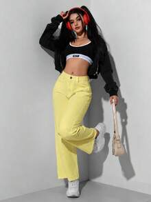 SHEIN PETITE 休閒百搭黃色直筒牛仔褲 - 黃色 - 查看 4