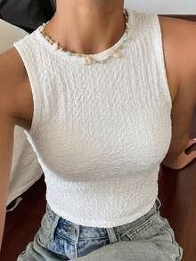 DAZY Solid Color Slim Fit Casual Vacation Summer Tank Top For Women - White - View 6