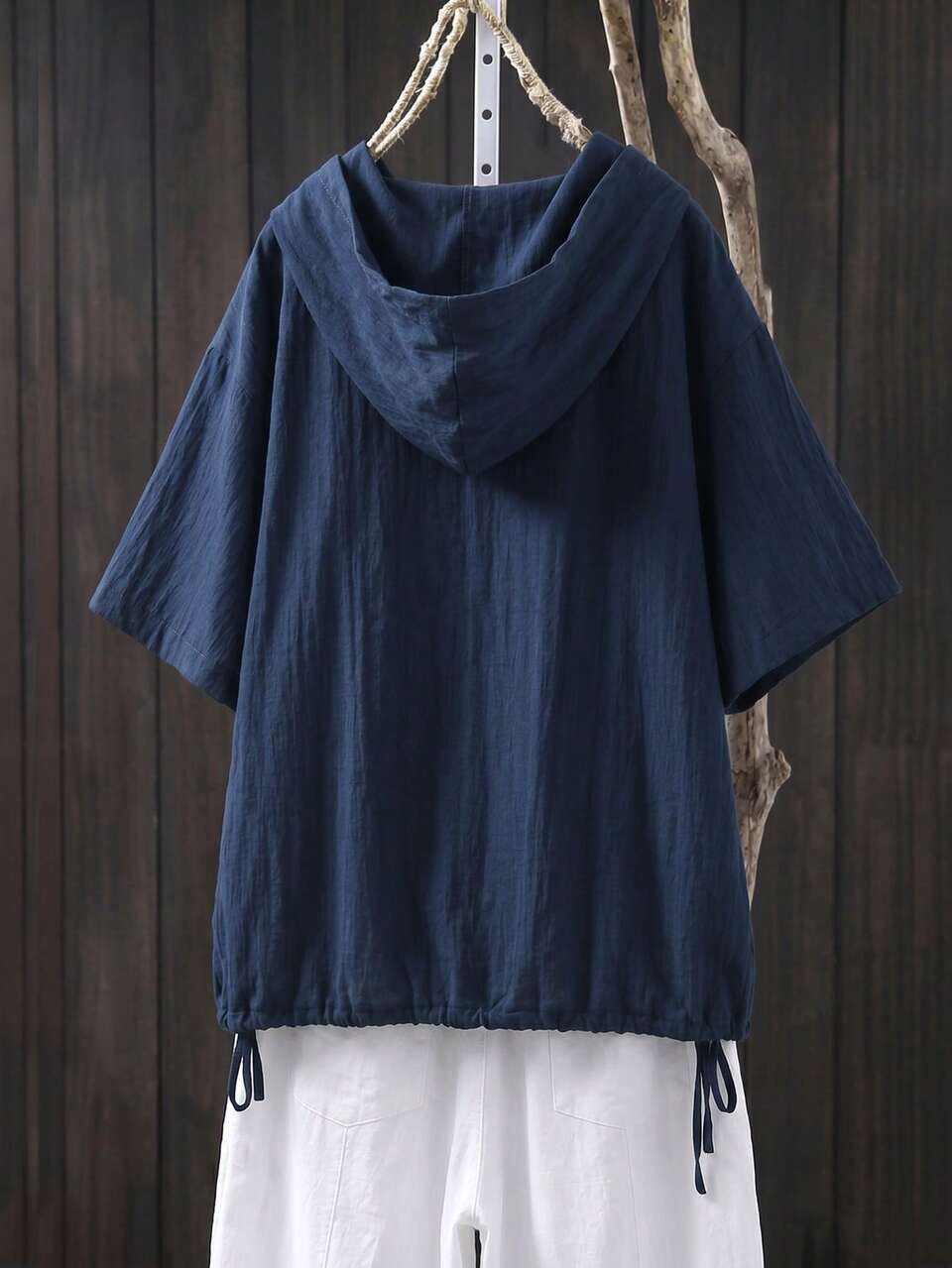 Plus Size Women's Solid Color Short Sleeve Hooded Pocket Casual Shirt Navy Blue Summer