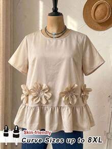 SHEIN CURVE+ Plus Size Women's Solid Color Round Neck Short Sleeve Shirt With 3D Floral Decor And Ruffle Hem 3d Flower Top Peach Top Elegant Top Holiday - Khaki - View 6
