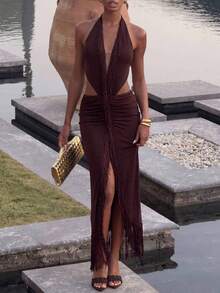 Lumalex Pastal Halter Cutout Maxi Dress Summer Holiday Party Vacation Golf Club Deep Plunge Neck Fringe Trim Slit Backless Bodycon Sexy Dark Brown - Coffee Brown - View 7