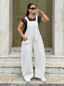 Rivivi Plus Size Women's Cargo Pocket Wide Leg Loose Casual Overalls Denim Jumpsuit - Beige - View 6