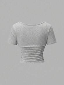 EMERY ROSE Áo thun nữ mùa hè màu trơn cổ chữ V tay ngắn ôm sát dáng casual thoải mái cho kỳ nghỉ - Màu Xám nhạt - Xem 2