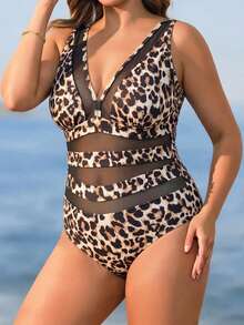 Swim Lushoire Conjunto de Praia de Uma Peça com Estampado de Leopardo para Mulher Plus Size - Multicolorido - Ver 4