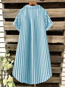SHEIN Tall CURVE 大尺碼女款法式休閒夏季短袖V領長版洋裝 - 藍色 - 查看 3