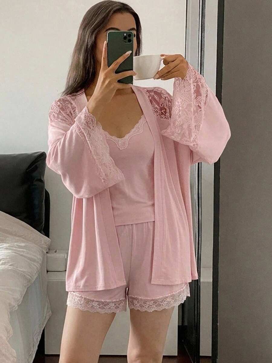 DAZY 3件組迷人蕾絲拼接翻領吊帶上衣與長褲女款睡衣套裝 - 粉色 - 查看 1