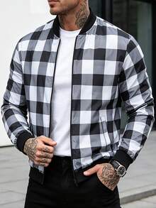 Manfinity Homme Men's Zipper Placket Long Sleeve Pocket Checkered Print Fashion Jacket - Multicolor - View 3