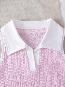 SHEIN Playful Pals 女童夏季淺藍色V領蝴蝶結刺繡背心套裝，搭配復古牛仔彈性腰設計，腰帶3D蝴蝶結修身套裝 - 彩色 - 查看 8