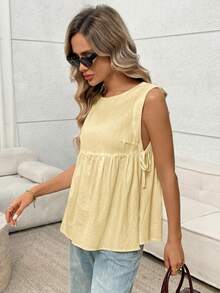 Easowa Women's Solid Color Round Neck Side Tie Casual Boho Tank Top Vacation Pale Yellow Summer Vacation Vacation Vacation Vacation Brunch - Light Yellow - View 3