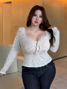 Dazy Plus 大尺碼女款碎花前綁帶長袖休閒T恤 - 粉色 - 查看 7
