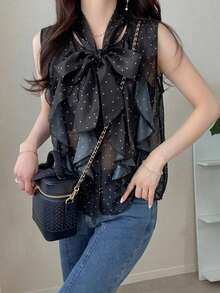 FRIFUL Women's Summer Polka Dot Sleeveless Bow Tie Neckline Casual Versatile Blouse - Black - View 6