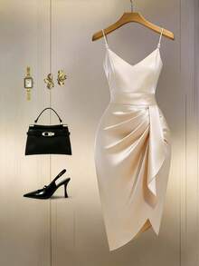 GlowEve Elegant Commuter Fashion Satin Slip Dress With Pearl Decor, Vintage Chic For Party And Gathering - Apricot - View 3