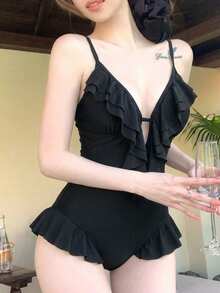 DAZY Baju Renang Wanita Model Camisole Seksi Warna Polos dengan Motif Patchwork dan Ruffle untuk Musim Panas di Pantai, Cocok untuk Liburan. - Hitam - View 4