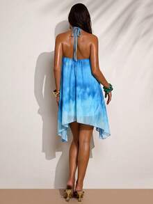 SHEIN BAE Women's Halter Neck Tie-Dye Pattern Ruched Asymmetric Dress - Baby Blue - View 2