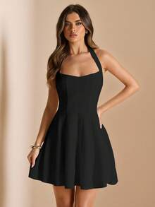 SHEIN BAE 女款春夏季掛脖A字版型精緻白色洋裝 - 黑色 - 查看 6