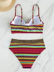 Swim Lushoire 女款度假幾何印花交叉背心式比基尼上衣與三角比基尼泳褲套裝，含鋼圈，隨機印花 - 彩色 - 查看 5