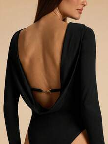 SHEIN BAE 女款素色露背長袖時尚休閒連身衣 - 黑色 - 查看 6
