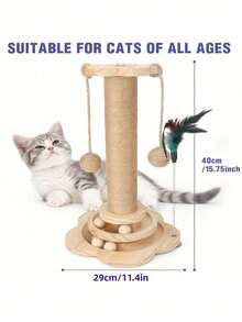1PC Multifunctional Tall Wooden Cat Scratching Post With Two Tier Track Ball Interactive Feather Hanging Toy Durable No Mess Indoor For Adult Kitten Cat Pet Supplies - Brown - View 3