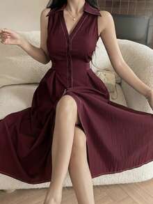 Feyla 通勤優雅襯衫領女裝洋裝 - 酒紅色 - 查看 3