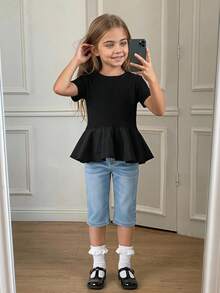 Dazy Kids 女童純色圓領短袖荷葉邊下擺休閒T恤 夏季 - 黑色 - 查看 2