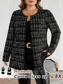 SHEIN CURVE+ Plus Size Plaid Casual Jacket For Commuting, Autumn/Winter Fall - Black - View 1