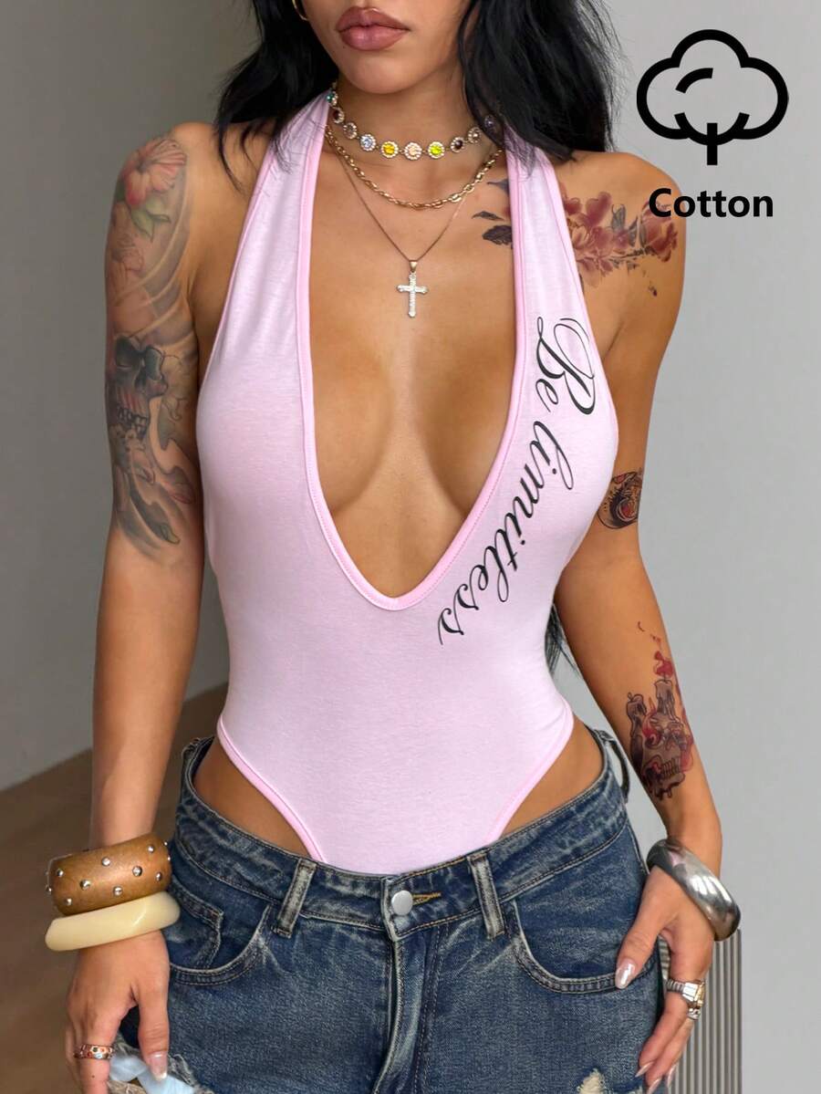 Coolane 女款字母印花深V性感掛脖連身衣