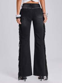 ROMWE Spring/Summer Vacation Y2K Hot Girl Music Festival Side Tassel Decor Vintage Washed Women's Ultra Low Waist Flare Jeans - Black - View 6