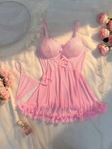 Crystal Vow Conjunto de lencería de 2 piezas con patchwork de encaje talla grande - Rosa - Ver 1