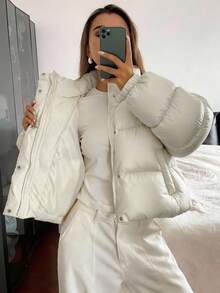 DAZY Women's Loose Fit Open Front Long Sleeve Padded Coat Jacket - White - View 5
