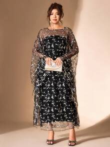 Cravure Elegante vestido de malla con bordado floral, conjunto de dos piezas de talla grande - Negro - Ver 5