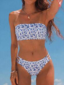 Swim Mod 2026 Spring/Summer Women's Bandeau Ruched White With Blue Floral Random Print Backless Sexy Vacation High Cut Side Bikini Swimsuit 2-Piece Set - Blue and White - View 2