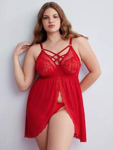Elorette 2 pièces Robe de nuit grande taille style romantique campagnard en dentelle rouge patchwork, avec armatures, bretelles croisées, volants, maille transparente + string - Rouge - Voir 5